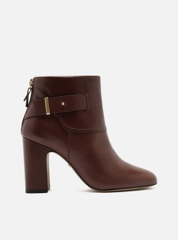 Bota Couro Salto Bloco Bico Redondo Fivela Marrom