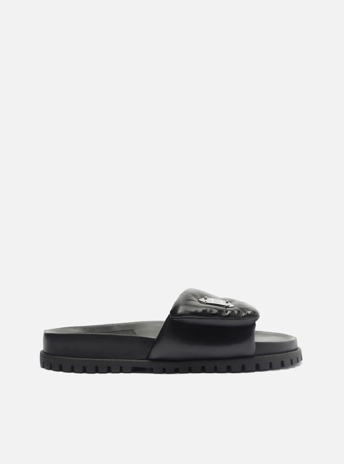 Slide Preto Couro Tratorado Puffer