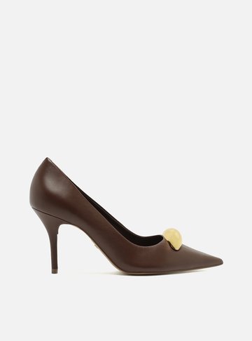 Scarpin Marrom Couro Salto Fino Metal Silvia Braz