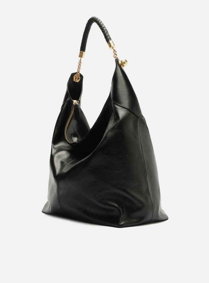 Bolsa Hobo Preta Couro Grande Alça Metais