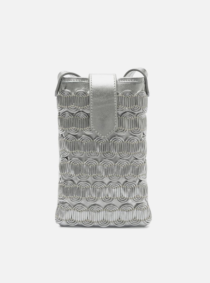 Mini Bag Prata Couro Porta-Celular Trama Curvada