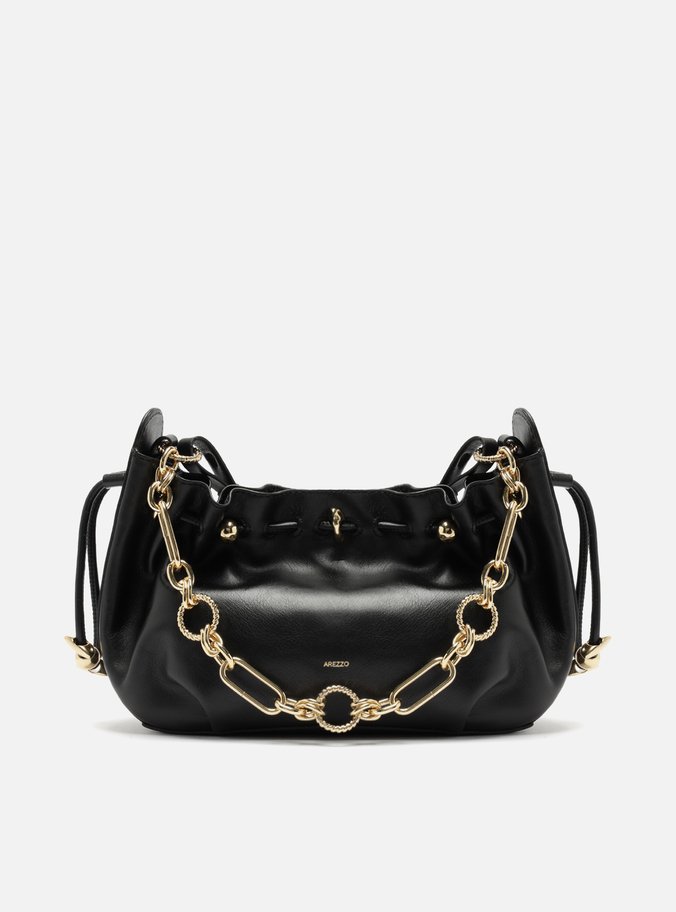 Bolsa Shoulder Preta Couro Grande Corrente