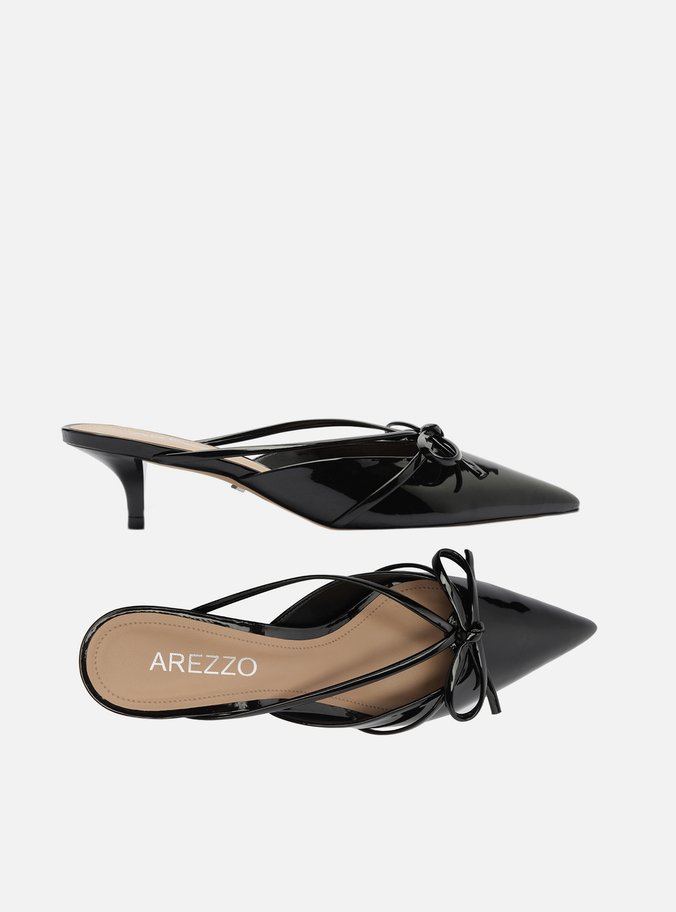 Mule Preta Verniz Salto Kitten Laço