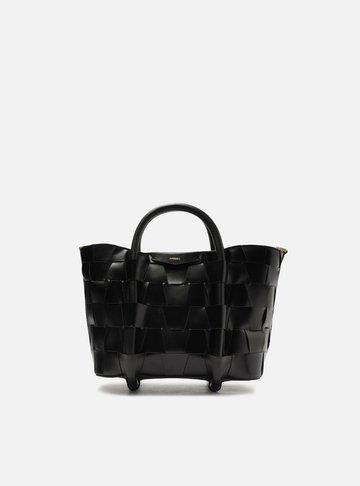 Bolsa Tote Preta Couro Média Tressê Geométrico