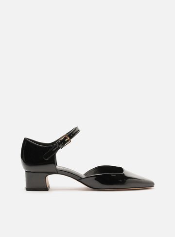 Scarpin Preto Verniz Salto Baixo Bico Quadrado