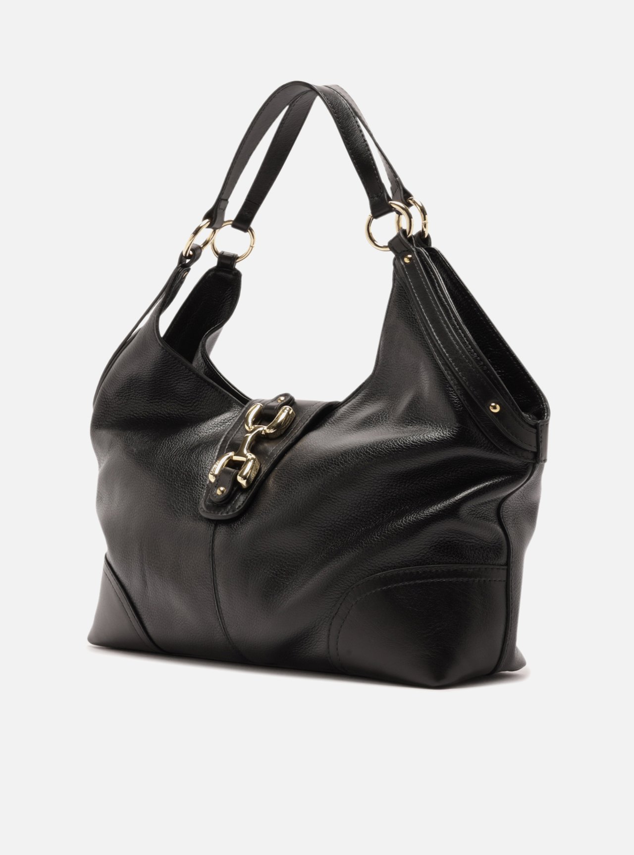 Bolsa Hobo Preta Couro Grande Metais — foto 2