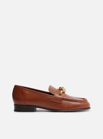 Mocassim Marrom Couro Bico Redondo Metal Nó
