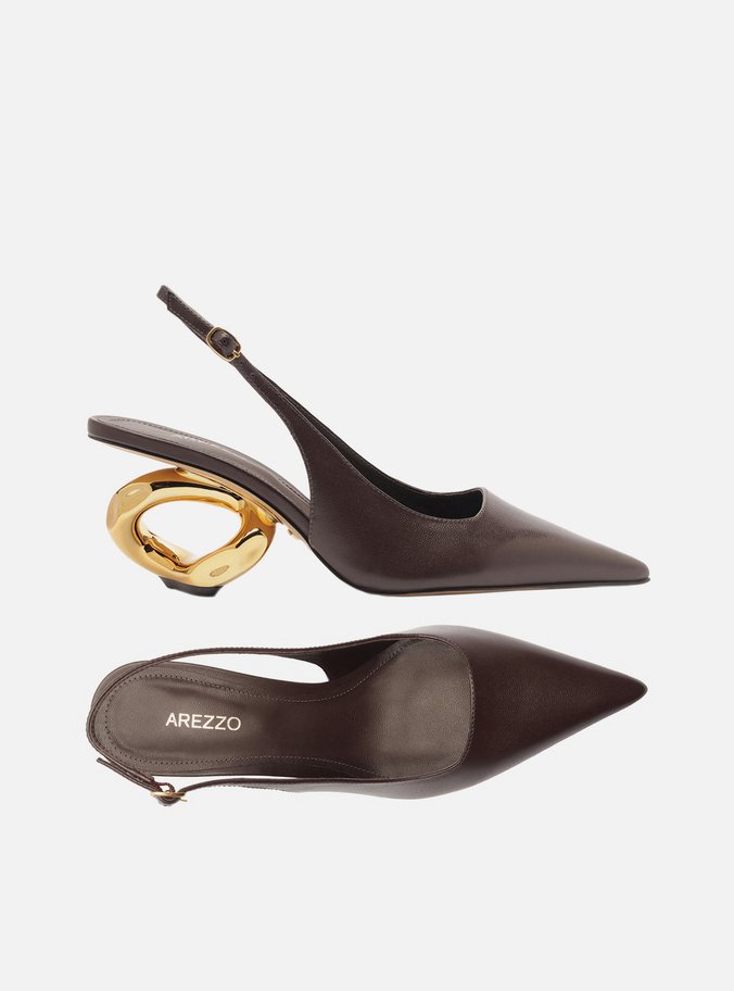 Scarpin Marrom Couro Salto Geométrico Slingback