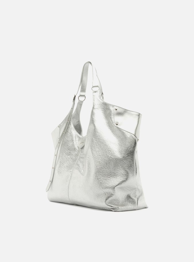 Bolsa Shopping Maxi Prata Couro Grande Rebites