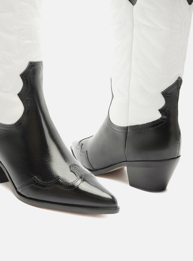 Bota Preta Couro Cano Médio Western Branca