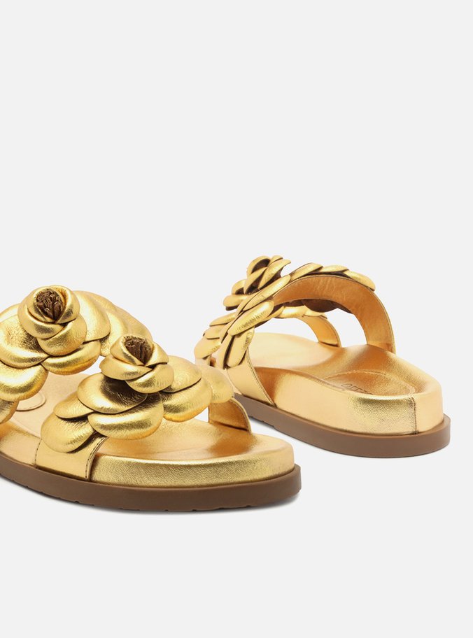 Sandália Papete Dourada Tiras Flores