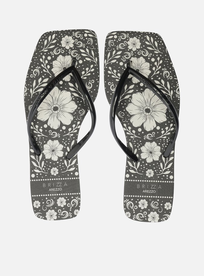 Chinelo de Dedo Preto Flat Brizza Estampa Flores