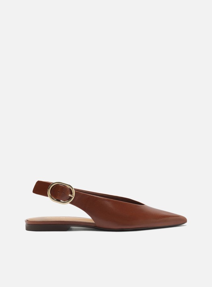 Sapatilha Marrom Couro Bico Fino Fivela Slingback