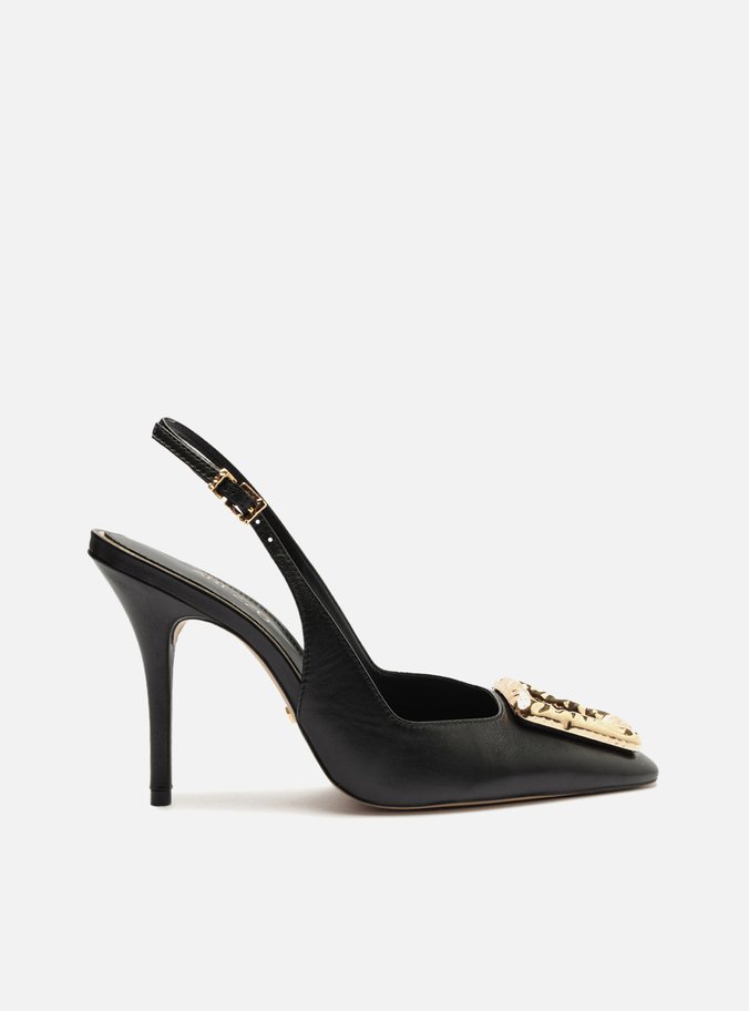 Scarpin Preto Couro Bico Quadrado Slingback Metal