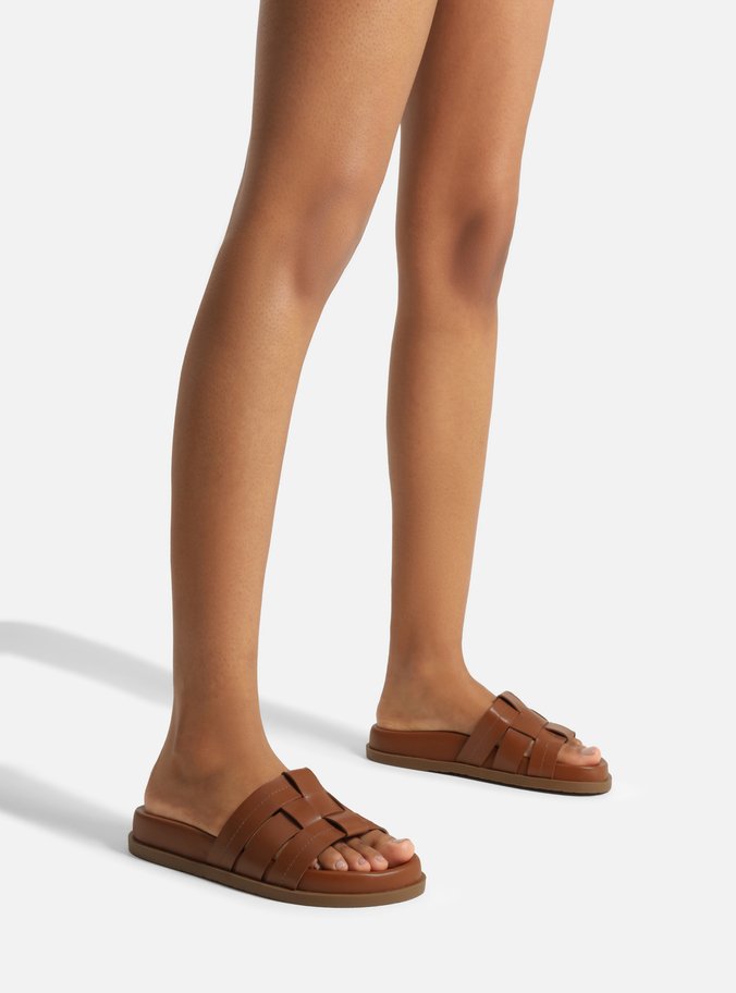 Sandália Papete Marrom Couro Tiras Tressê