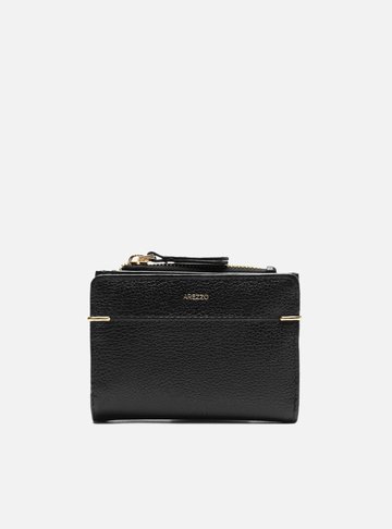 Carteira Preta Couro Pequena Zíper Metais