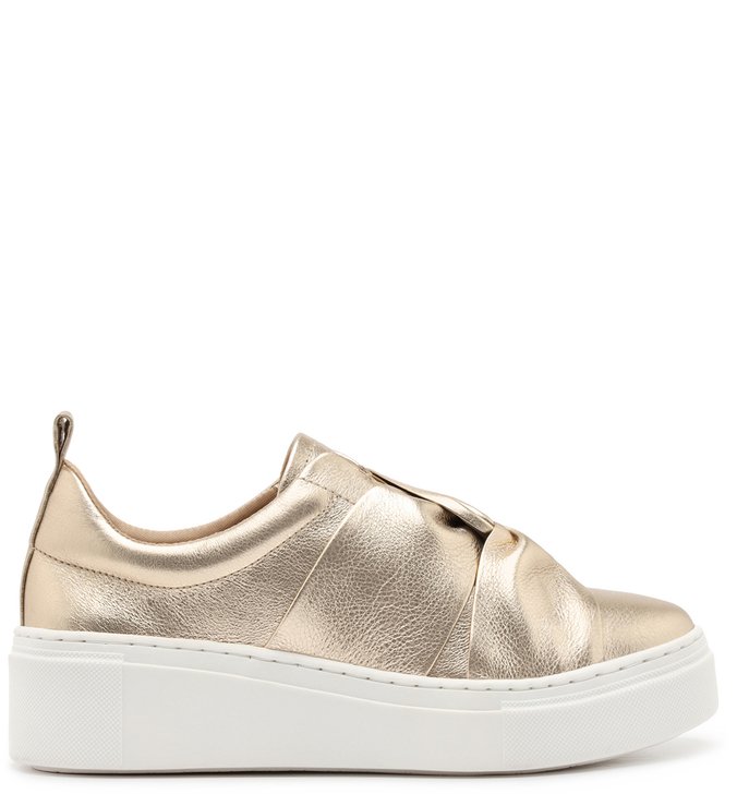 Tênis Slip On Dourado Couro Nó Sola Alta