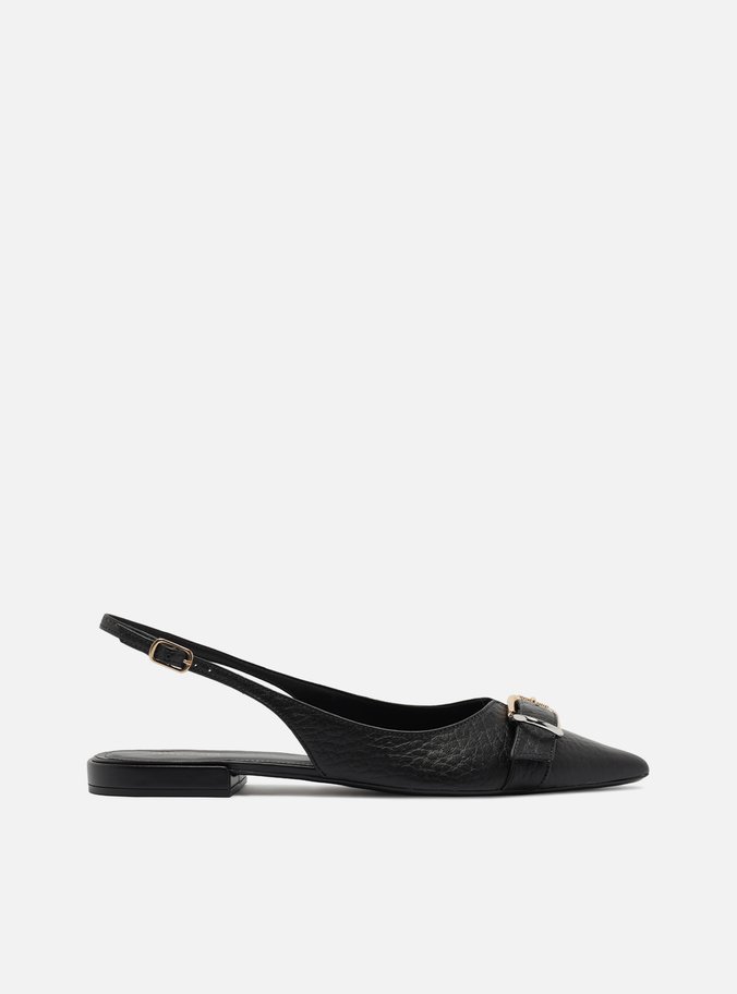 Sapatilha Preta Couro Textura Slingback Fivela