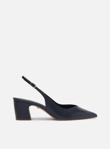 Scarpin Azul Couro Salto Médio Bloco Slingback