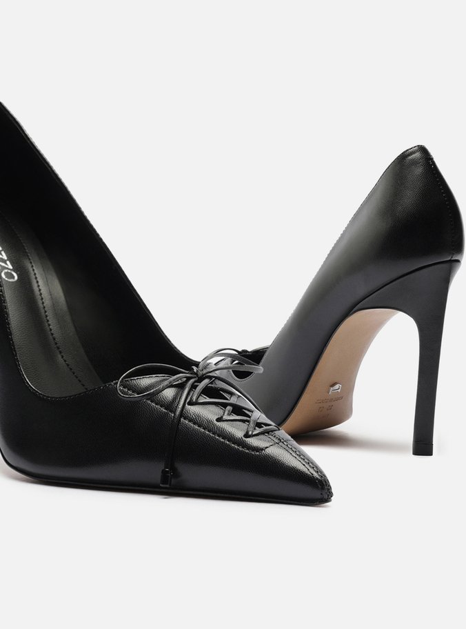 Scarpin Preto Couro Salto Alto Fino Lacing