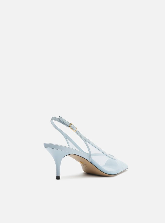 Scarpin Azul Tela Salto Kitten Slingback
