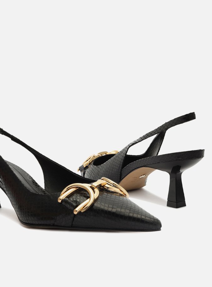 Scarpin Preto Snake Bico Fino Slingback Bridão