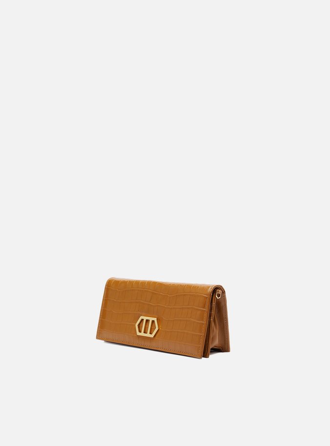 Clutch Marrom Couro Croco Pequena Metal