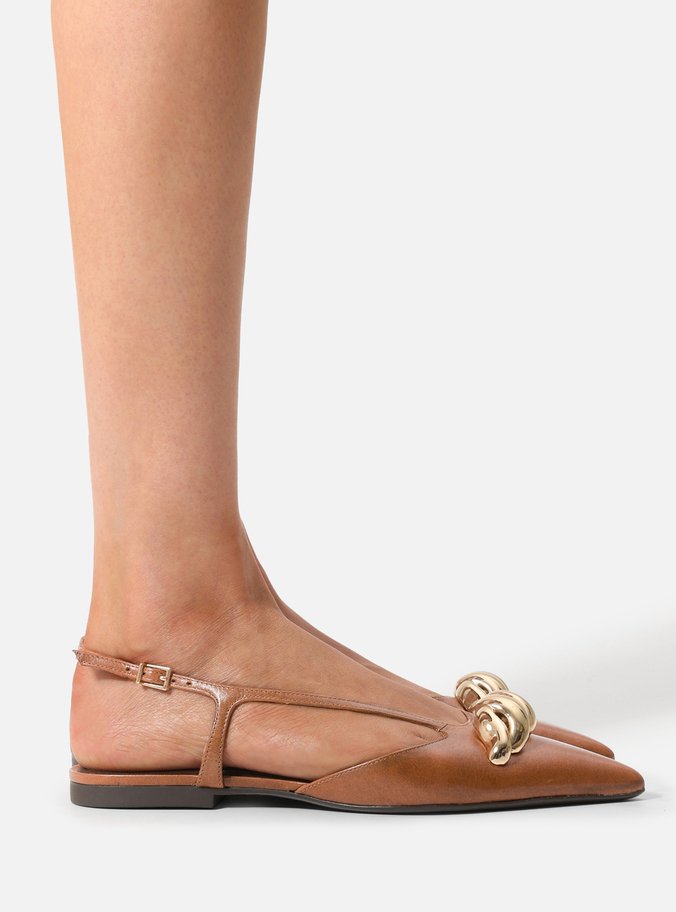 Sapatilha Marrom Couro Bico Fino Slingback