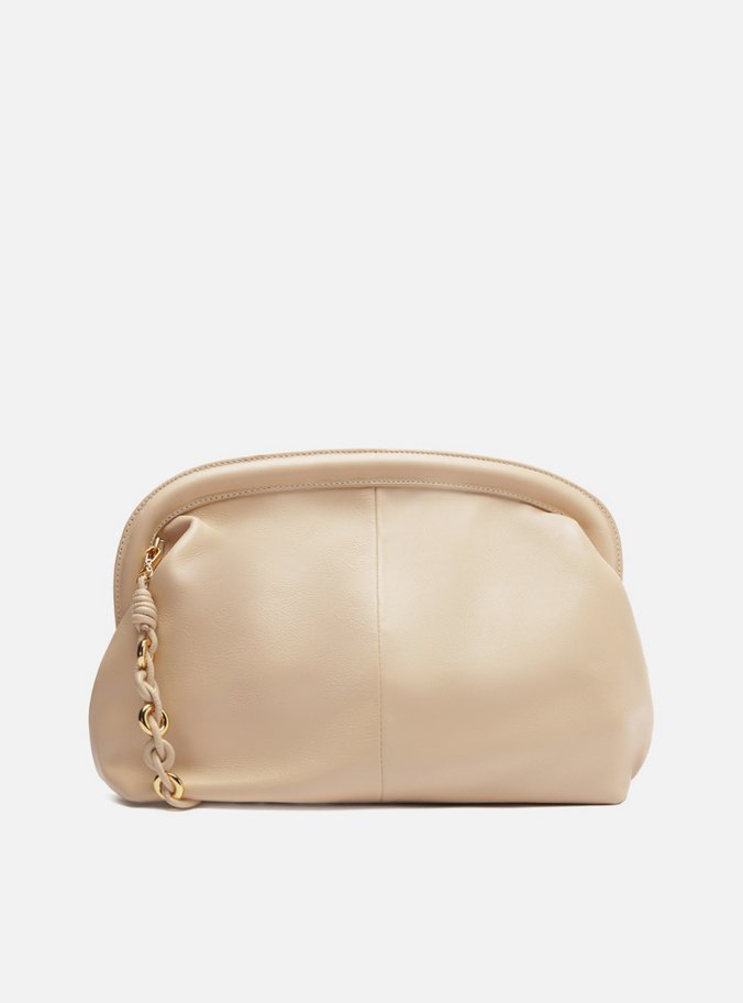 Clutch Bege Couro Grande Alça Corrente