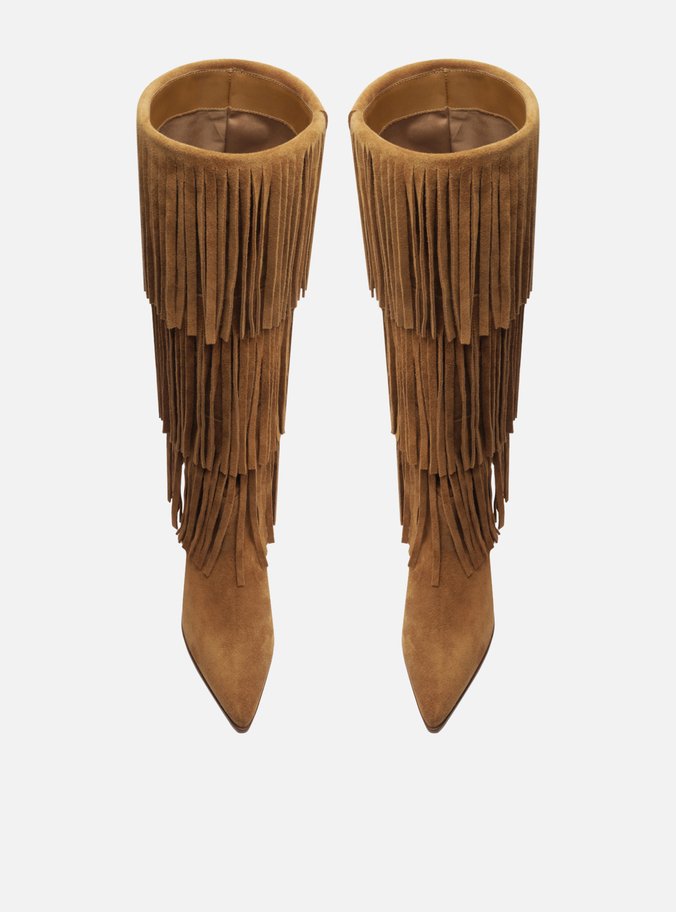 Bota Marrom Suede Cano Médio Bloco Franjas