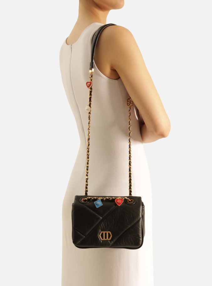 Bolsa Tiracolo Preta Couro Pequena Pingentes