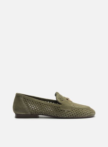 Mocassim Verde Suede Bico Redondo Vazado Metal