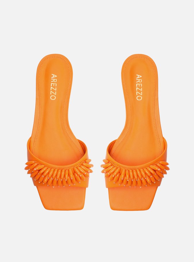 Rasteira Laranja Couro Flat Aplicações