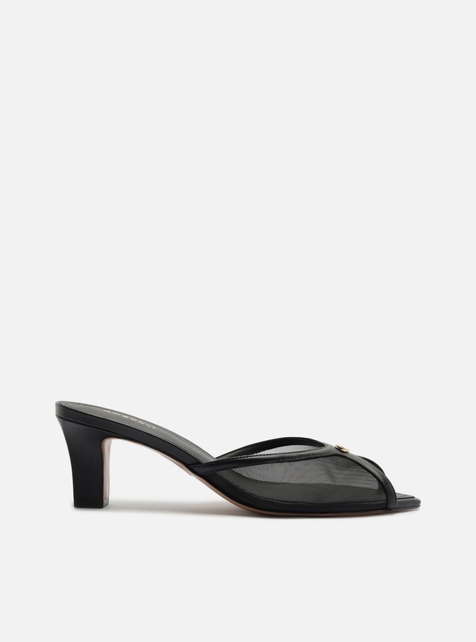 Mule Preta Salto Bloco Baixo Peep Toe