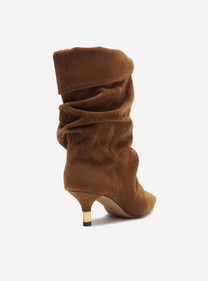 Bota Marrom Suede Cano Médio Salto Fino Slouch