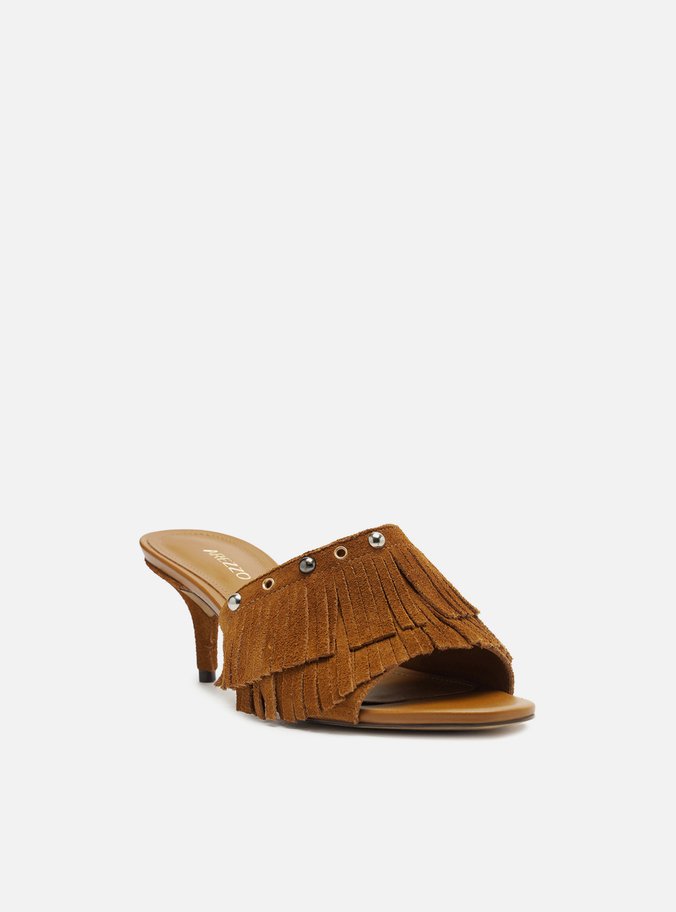Mule Marrom Clara Camurça Salto Fino Franjas