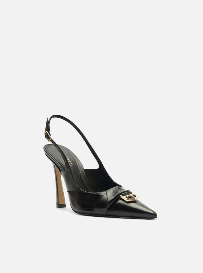 Mule Preto Couro Bico Fino Salto Alto