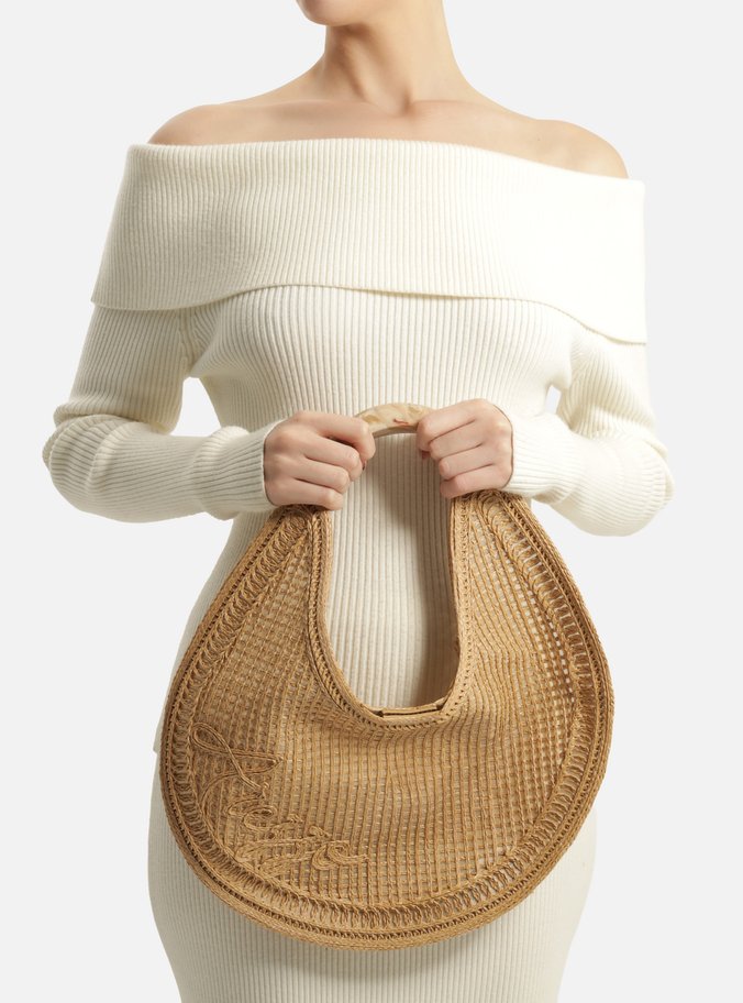Bolsa Hobo Bege Tramado Grande Bordado Becca