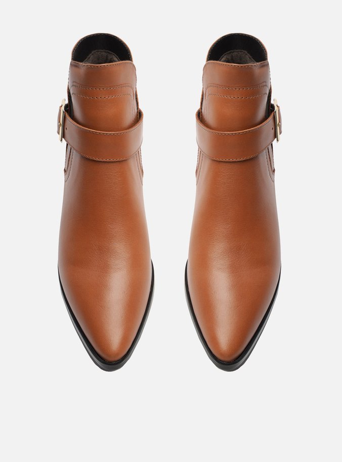 Bota Marrom Couro Cano Curto Bico Fino Fivela