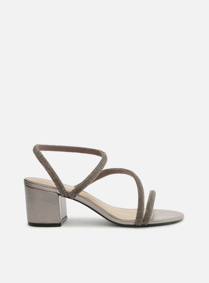 Sandália Prateada Strass Salto Bloco Tira Curva