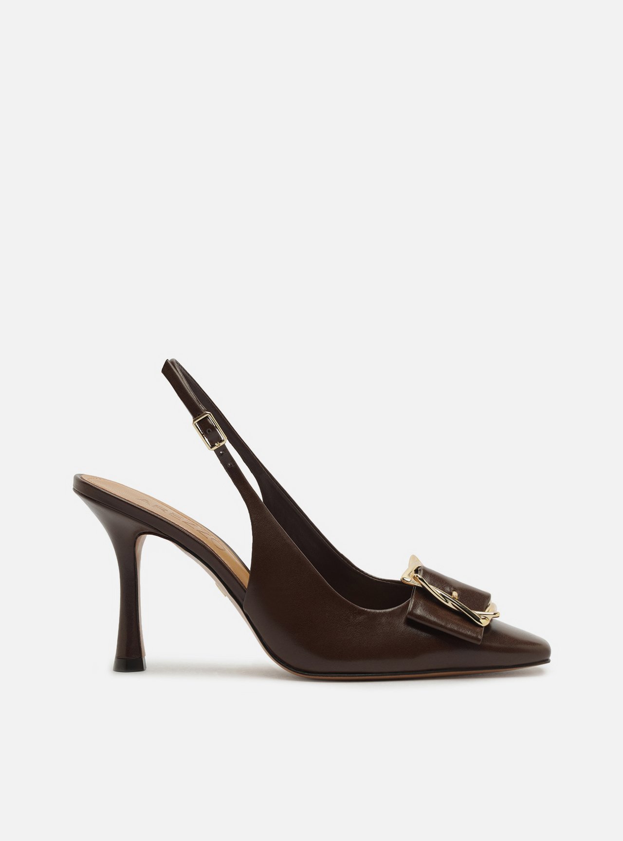 Scarpin Marrom Couro Slingback Salto Alto Fivela — foto 1