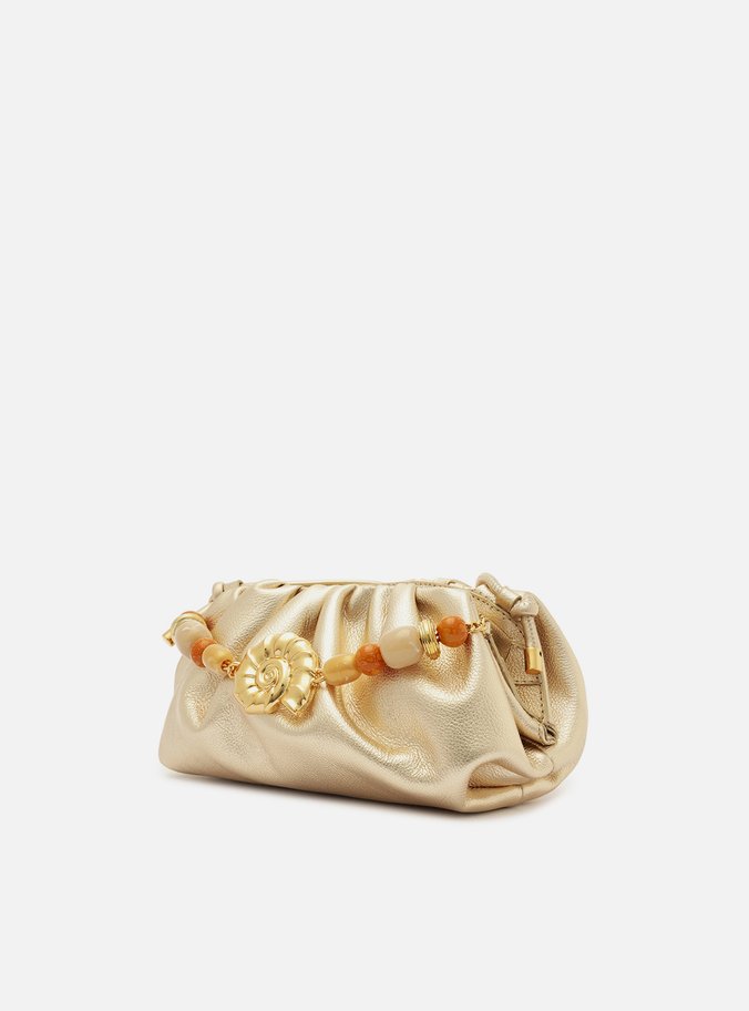 Clutch Dourada Couro Média Pedrarias Concha