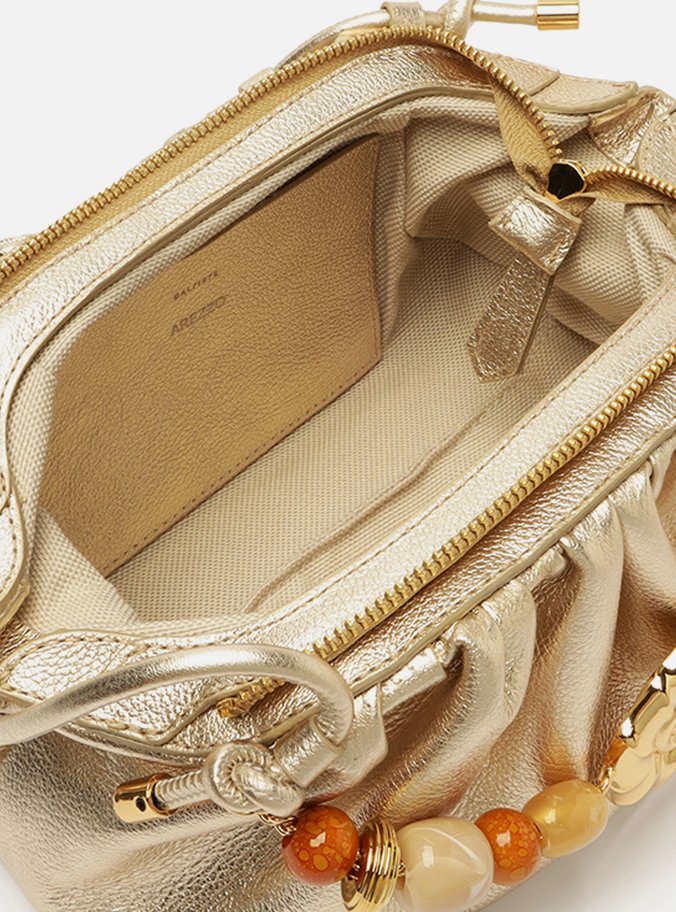 Clutch Dourada Couro Média Pedrarias Concha
