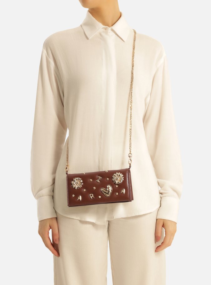 Clutch Marrom Couro Pequena Metais Fun