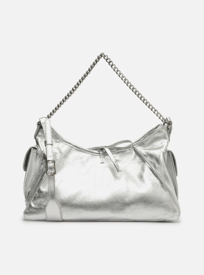Bolsa Tiracolo Prateada Couro Pequena Laço