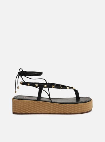 Sandália Preta Flatform Amarração Studs
