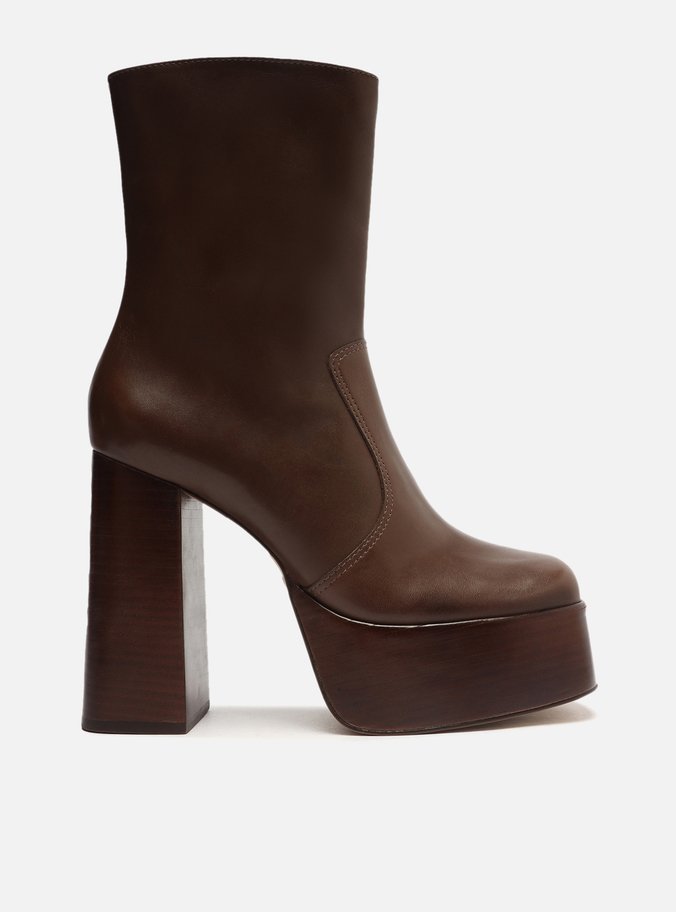 Bota Marrom Couro Salto Bloco Plataforma