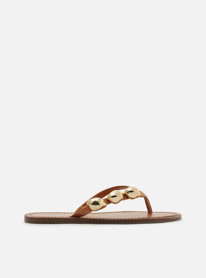Rasteira Marrom Couro Flip Flop Metais
