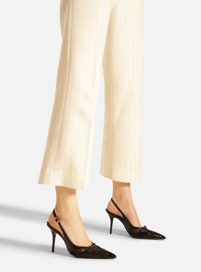 Scarpin Preto Croco Salto Alto Slingback Tela