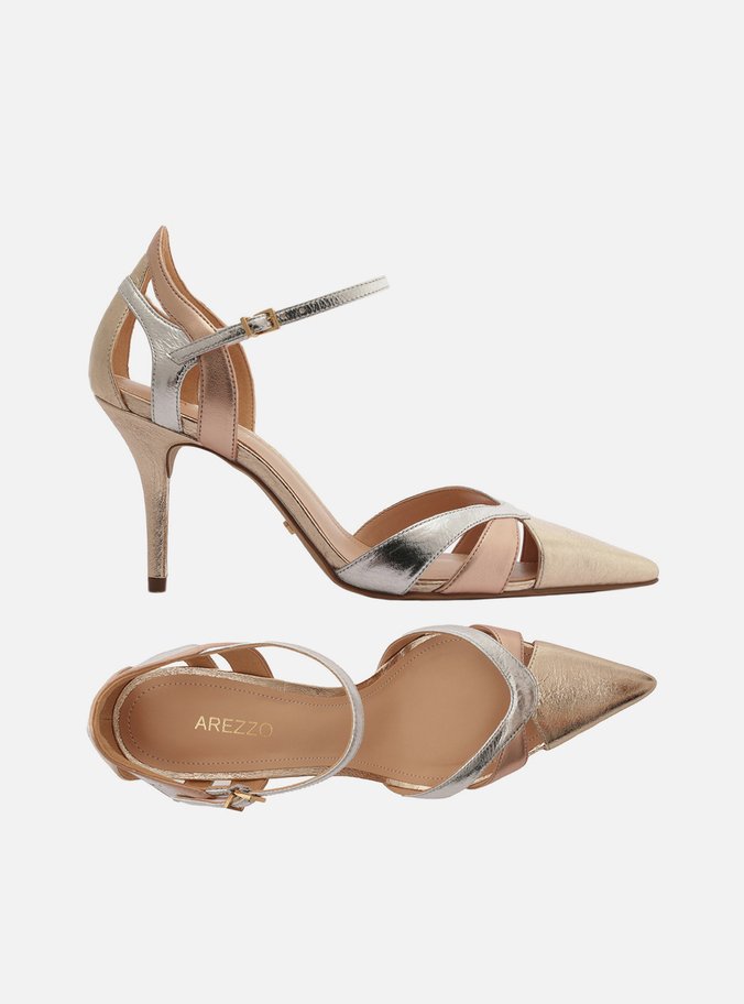 Scarpin Dourado Couro Salto Fino Mix Tiras